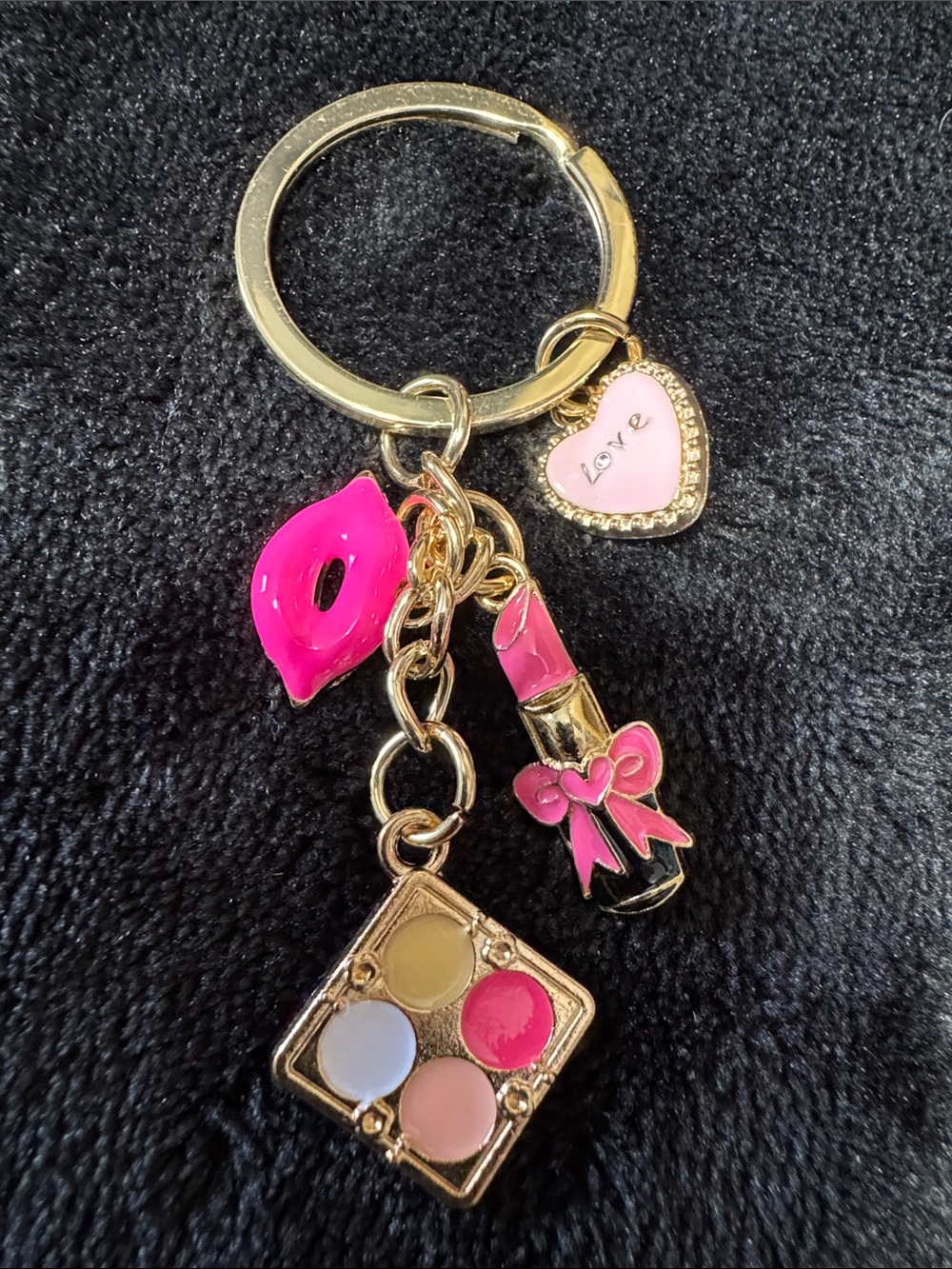 Source Unknown Pink Lipstick & Makeup Charm Keychain with Gold Hardware